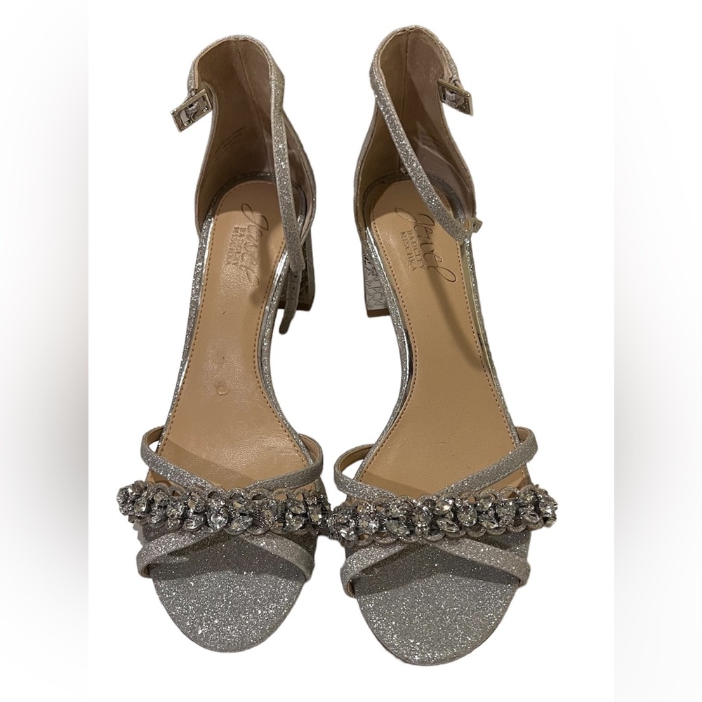 Jewel Badgley Mischka Giona Silver / Glitter 6.5 M Block Heel 2 1/2" Sandals